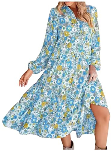 Generisch Vestido maxi bohemio floral casual holgado con mangas largas de globo con cuello en V como traje largo falda en estilo elegante, azul, XXL