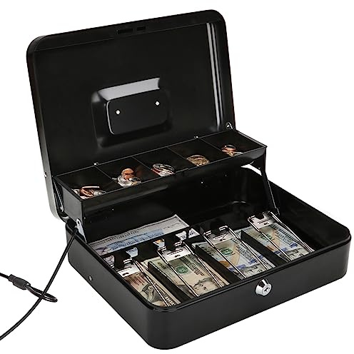 Jssmst Large Locking Cash Box with Money Tray, Lock Box with Security Cable Metal Money Box with Lock, Black