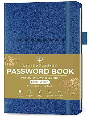 Legend Planner Password Book with Alphabetical tabs. Internet Address Keeper Logbook. Journal for Website Logins, Medium 13x19.5cm (Mystic Blue)