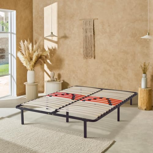 Sommier Céleste 140x190 cm, Cadre à Lattes 2 places, 16 Curseurs de Fermeté Ajustables, Structure Métallique avec 36 Lattes en Bois, Avec Pieds, Confort Ergonomique, Compatible Cadre de Lit