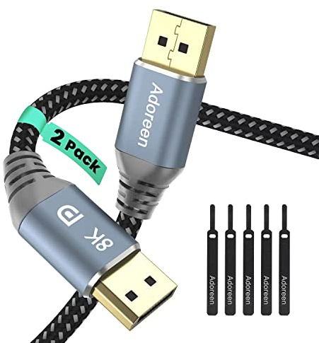 VESA Certified 8K DisplayPort 1.4 Cable 4 Feet/2 Pack,Adoreen DP Cord(From 1.5-30FT)8K@60Hz 4K@144Hz 2K@240Hz 32.4Gbps HBR3 HDCP HDR,FreeSync G-Sync,Braided Display Port for Monitor Graphics+ 5 Ties