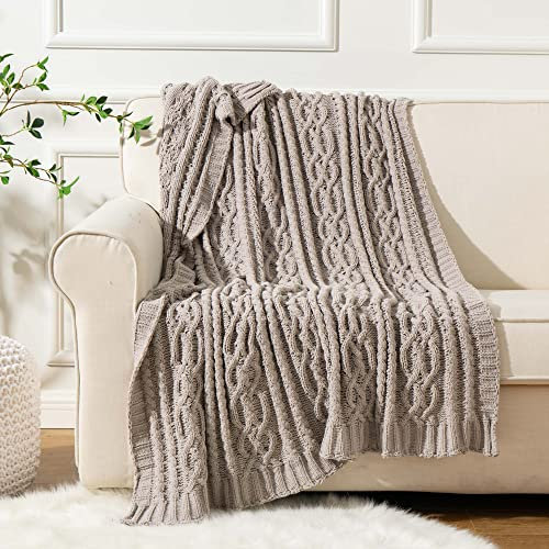 Battilo Chenille Throw Blanket for Sofa, Soft Warm Cozy Knitted Blanket Textured Chair Sofa Settee Throw Bed Blanket, Light Grey 130x170cm