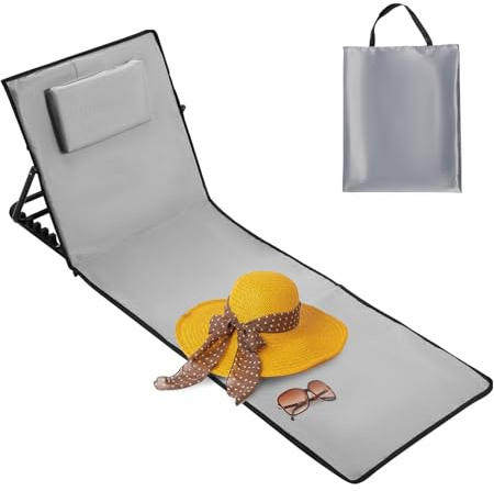 Lospitch Strandliege Klappbar leicht, Strandmatte mit rückenlehne, Strandliege Faltbare mit Einstellbar 5-stufige Höhe, für im Freien, Strand, Camping,Terrasse-hellgrau