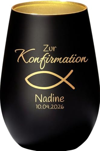 4you Design Windlicht Fisch mit Namen, Datum graviert (Metall-Schwarz-Gold) Geschenk zur Konfirmation, Teelichthalter für Patenkinder, Personalisierte Geschenkidee