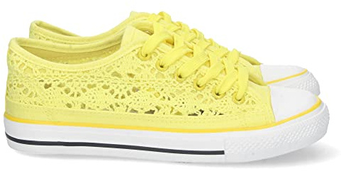 shoes&blues.es 73366-Zapatilla Plana para Mujer, Comoda, Estilo Bamba, con Material Bordado y Calado, Transpirable, y Cierre de Cordones. Talla 38 Amarillo