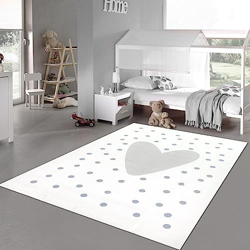 Teppich-Traum Kinderteppich Hochflor Herzen Punkte Creme Grau 120x170 cm | Weicher, gemütlicher Kinderzimmerteppich, pflegeleicht, robust, strapazierfähig, schadstofffrei, OEKO-TEX geprüft, 18 mm Flor
