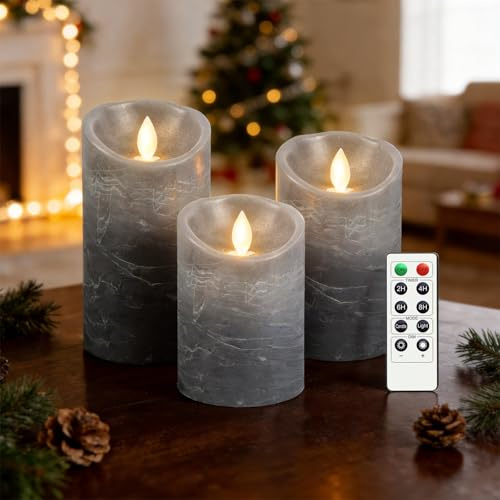 AnnSpa 3 Set LED Kerzen Batteriebetriebene mit Fernbedienung, Flammenlose Echtes Wachs Flackern Moving Wick Flackern Amber Yellow Light Pillar Candles für Weihnachten/Geschenk/Dekoration - Grau