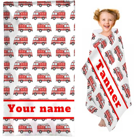 SHROUDEX Personalisiert Strandtuch Mit Namen, Cartoon-Auto Handtuch mit Namen, Mikrofaser Strandtuch Groß 90x180cm Feuerwehrauto Badetuch Handtuch für Strand (3,50x100cm)