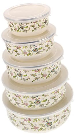 COLLBATH 5 Stück Emaille Rührschüssel Mit Deckel Vielseitige Obstschalen Unterschiedlicher Größe Zur Lebensmittelaufbewahrung Stapelbare Salatschüsseln Für Küche Und Haushalt