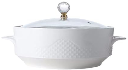 Porcelain Ceramic Soup Tureen with Glass Lid - Double Handles Soup Bowl for Restaurant Home Kitchen - Elegant Serving Dishware