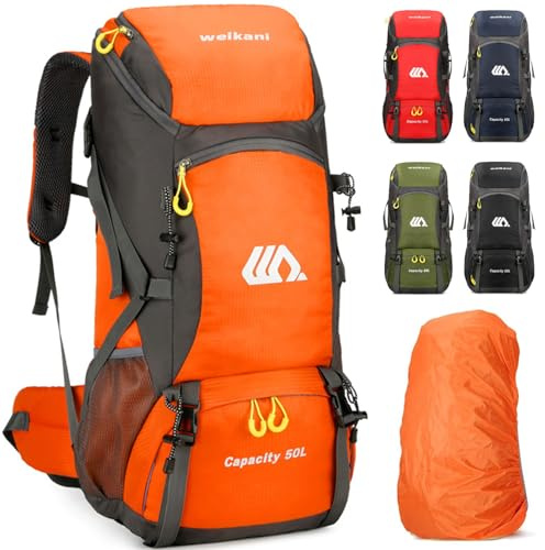 Kugooyi 50L Wanderrucksack mit Regenschutz Wasserdicht Leichtes Camping Outdoor Sport Trekking Klettern Skifahren Reisetasche (Orange)