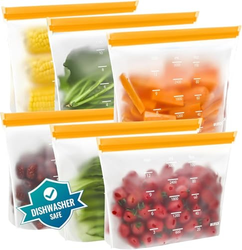 IDEATECH Silicone Freezer Bags 6 Pack Ziplock Food Storage Stand Up Pouches BPA Free Dishwasher Safe Leakproof Zip Lock Plastic for Batch Cooking Sandwich Soup