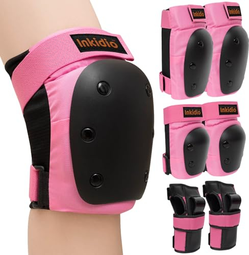 Inkidio skyddsutrustning för barn/kvinnor/män med knädynor, armbågsskydd och handledsskydd, idealisk för rullskridskor inline-skridskoåkning, skateboard, scooter cykling cykel (medium, rosa)