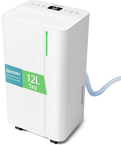 EUHOMY Luftentfeuchter Elektrisch 12L, Entfeuchter Elektrisch für Schlafzimmer/Badezimmer/Keller, Leise & Stromsparende Raumentfeuchter mit 3 Modi, Automatisches Abtauen, Ablaufschlauch, Filter,Timer