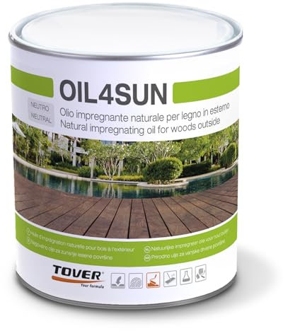 Tover, Oil4Sun kit 2 pezzi, Olio Per Legno in Esterno, Per legno di Teak, Quercia, Larice o Acacia, Per Mobili da Giardino, Decking e Pavimenti, Protezione del Legno di Lunga Durata, 2 unità, 2L