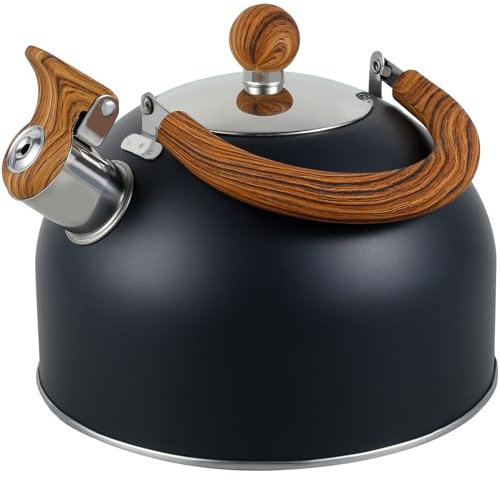 Bouilloire sifflante de 2,5 l en acier inoxydable avec poignée ergonomique en bois et sifflet haut, théière de style rétro pour cuisinière à gaz, cuisinière à induction (noir)