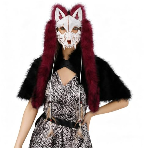 OhMill Masque de Loup-Garou Horreur pour Halloween Masque Crâne de Renard Viking avec Coiffe en Fausse fourrure Masques Squelette d'Animaux pour Cosplay Halloween Carnaval Pâques