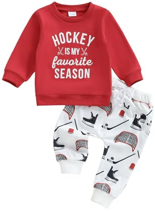 Toddler Baby Boy Hockey Outfit Letter Print Long Sleeve Pullover Sweatshirt Sweatpants Set Newborn Fall Winter Clothes (Red, 18-24 Months)