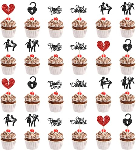 24 Piezas Adornos Para Magdalenas, Cupcake Topper Con Inscripción «Divorcio», Tartas De Divorcio Con Purpurina Negra, Finally Done Just Divorced Cupcake Picks for Freedom Bachelor Supplies