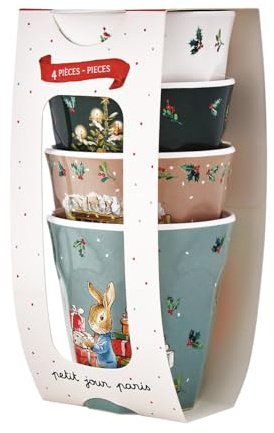 Petit Day, Vasos de Melamina, Set de 4, 220 ml, Multicolor, Facetas decorativas, Piedra Conejo Navidad, Para Bebidas Calientes y Frías, Fiestas de Fin de Año