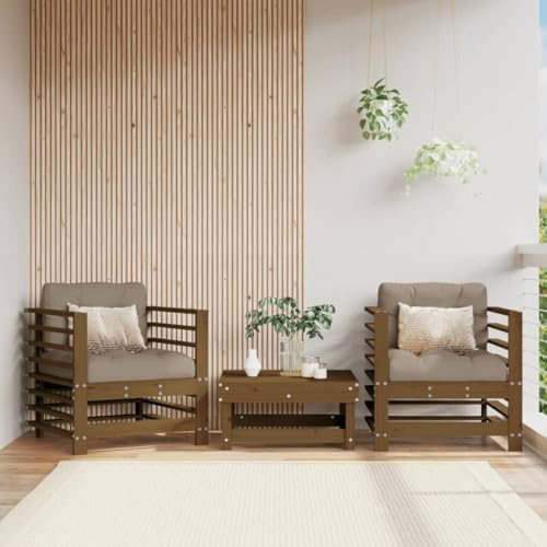 LoogCape Gartenstuhl Set Honigbraun Massivholz Kiefer, 2 Stühle mit Kissen, Outdoor Terrassenmöbel, Robuste Holzstühle für Garten & Balkon, 110kg Traglast