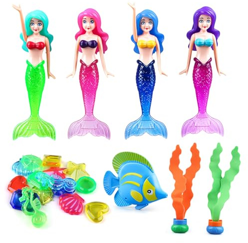 SIENON 23 Stück Meerjungfrau Tauchpool Spielset Spaß Unterwasser Schwimmspiel sinkendes Set Edelsteine Seetang Meerestiere Sommer Badewasserspielzeug Tauchtrainingsgerät für Kinder Partydekorationen