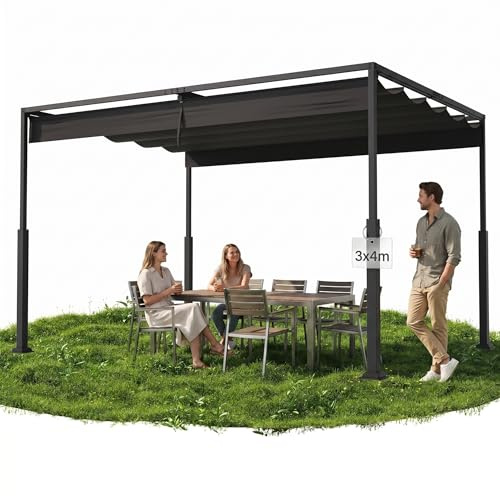 QEENTOE Schiebepergola 3x4 m, Freistehendes Terrassendach aus Stahl & Polyester, Wasserdicht Winterfest, Robuste Metallsäulen Sonnenschutz für Terrasse Garten Schwarz