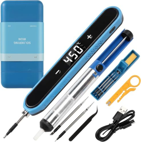 Akku Lötkolben Set USB-C, kabelloser Lotkolben fur Elektronik, 1600 mAh, Aufheizen in 8 Sek, Temperatur 180-450℃ einstellbar, 3 Lotspitzen, Entlotpumpe, Pinzette & Abisolierzange mit Aufbewahrungsbox