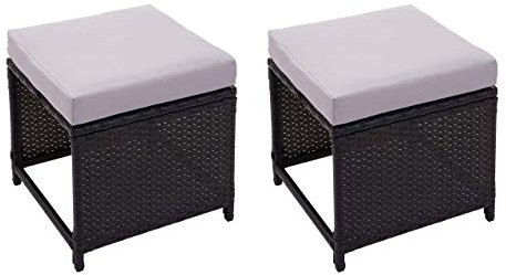 Mendler 2er-Set Poly-Rattan Hocker HWC-G16, Gartenhocker Sitzhocker, Gastronomie - schwarz, Kissen hellgrau