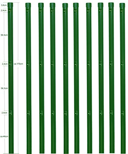 EXCOLO 10er-Set Metall-Zaunpfosten Ø34 mm, 1,7 m, pulverbeschichtet moosgrün RAL 6005, inkl. 3 Spanndrahthalter & Pfostenkappe, zum Einbetonieren – für Maschendrahtzäune bis 1,2 m Höhe