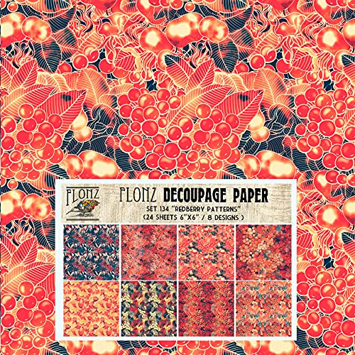 Decoupage Paper Pack (24 Sheets 6x6) Redberry Patterns FLONZ Vintage Styled Seamless Pattern Paper for Decoupage, Craft and Scrapbooking Wildberry Raspberry