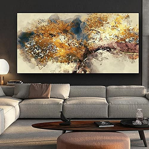Zhadongli Art Moderne abstrakte Poster und Drucke, Wandkunst, Leinwand, Gemälde, abstrakte goldene Geldbäume, Bilder für Wohnzimmerdekoration, 70 x 140 cm (28 x 55 Zoll), rahmenlos