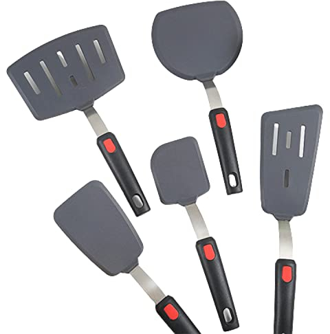 Ausemo Acier Inoxydable Silicone Grande Spatule Set Résistant À La Chaleur Anti-Adhésif Ustensile De Cuisine pour BBQ Cuisson Cuisson Poisson Steak Oeufs Crêpes Burger, 5 Pack