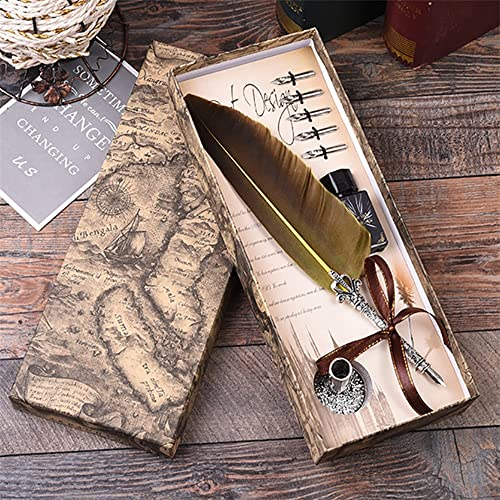 Tikwisdom Kalligraphie-Stift-Set, Schreibfeder-Stift, handgefertigte echte Feder und Edelstahl-Feder, beste antike Executive, Tinte enthalten, verbesserter Schreibstift (braun)