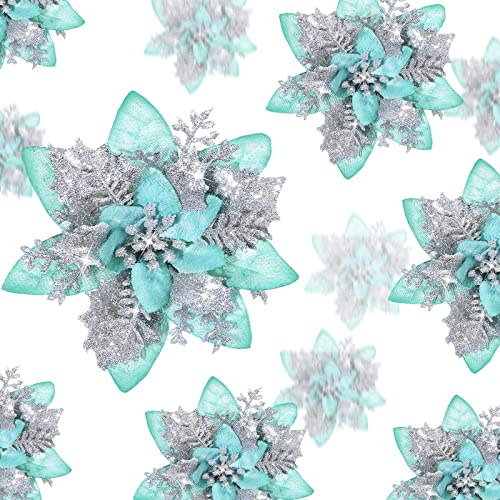 24 glitzernde künstliche Weihnachtsstern-Blumen – 15 cm, 10 cm und 7,5 cm (Silber & Grün) – Weihnachtsstern-Dekorationen für Baum, Hochzeit oder Party mit Clips für Gastgeschenke