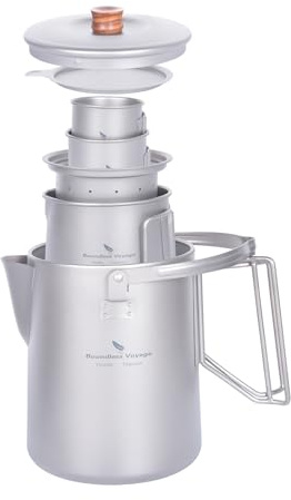 iBasingo 1.5L Titan Kessel Camping Kaffee Tee Kanne Barista Wasserkocher Kaffeemaschine Outdoor Reisen Picknick Garten Lagerfeuer Herdplatte Schnellbrühkessel 500ml Tasse Kleine Becher Set Ti3129D