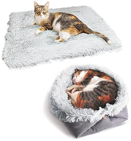 VERTUPET Katzenbett 2 in 1 Flauschig katzenkissen Plüsch Weich Katzenkissen Waschbar Schlafplatz Katzensofa, Haustierbett Hundebett Katzendecke für Katze und Kleine Hunde (Grau)