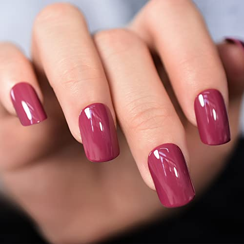iMABC Glossy Finished Dark Rose Pink Press On Nails Medium Length Squoval Women Girls Nail Art Tips Salon DIY Manicure Reusable Fake Nails for Daily Office Home