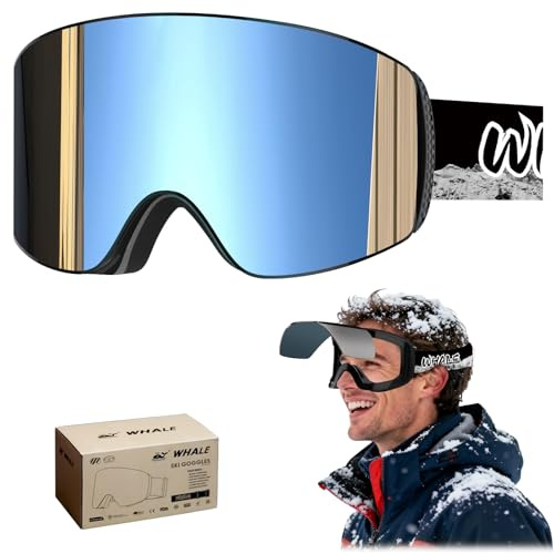 Whale Ski Goggles OTG Anti-Fog Frameless Snow/Snowboard Goggles Mirror lens for Men, Women & Youth - 100% UV Protection (Silver polarizer, Adult/Large)