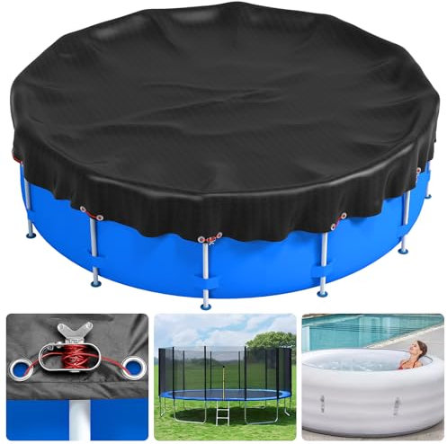 8Ft Swimming Pool Cover, Round Pool Cover for Above Ground Pools, 420D Oxford Solar Pools Cover Protector for Hot Tub, Trampolines with Wire Tension Rope, Waterproof Dustproof Swimming Pools Covers