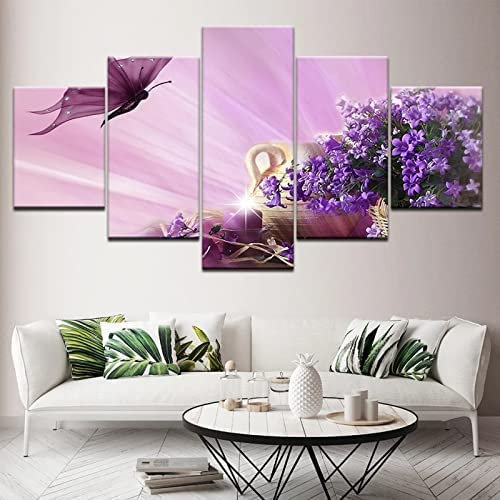 Leinwand Gemälde Romantische Lila Blume 5 Stück Wall Art Painting Wallpapers Poster Print Für Wohnzimmer Schlafzimmer Esszimmer Büro Kinderzimmer Wandbild Home Decor (L/Ohne Rahmen 150 X 80-1K0B/T8Y