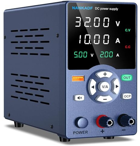 Fuente de alimentación de laboratorio, 0-32 V, 0-10 A CC Fuente de alimentación regulada Pantalla LED de alta precisión de 4 dígitos con función de carga rápida USB/botones de salida Fuente de aliment