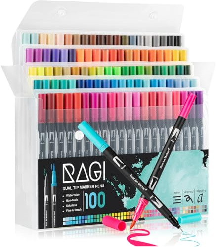 RAGI Pinselstifte Set 100 Aquarell Filzstifte für Erwachsene Twin Tip Brush Pen und Fineliner Farben Marker Kalligraphie Handlettering Stifte