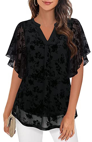 Vafoly Bluse Damen Elegant Kurzarm V-Ausschnitt Blumen Doppellagig Tunika | Sommer Tunika Rüschenärmel Loose Fit Flowy Leichtes Mesh Oberteil