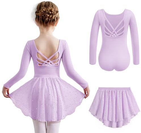 Arshiner Mädchen Langarm Ballettkleidung Baumwolle Ballettkleider Rückenfrei Balletttrikot Ballettanzug Kinder Tanzbody Ballettbody mit Rock Tütü Violett 150/7-8Jahre