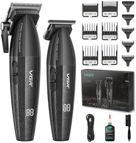 VGR 640 Tondeuse à cheveux Professionnelle Pour Hommes, Ensemble Tondeuse Et Trimmer Sans Fil, Kit De Coupe Zero Gap T-Blade, Lame En Céramique DLC, Kit Cadeau Premium Avec Écran LED (Noir)