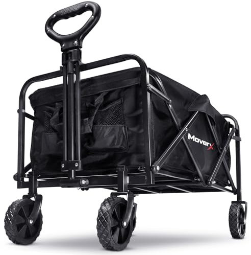 MoverX 70L Festival Trolley on Wheels, Folding Wagon, Portable Camping Cart, Collapsible Foldable Trolly for Beach Outdoor Garden Picnic Shopping Fishing, Wide Wheels, Adjustable Handle, Black