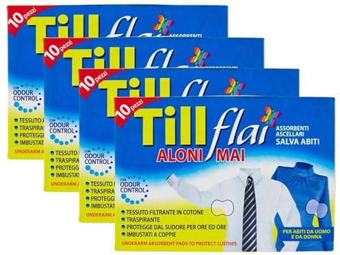 Assorbenti Ascellari Salva Abiti ALONI MAI, con Tessuto Filtrante in Cotone, Traspirante, Protegge dal Sudore per Ore Ed Ore, Imbustati a Coppie (Confezione da 10 Pezzi) (4 Confezioni)