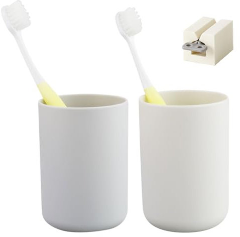 Juego de 2 vasos de cepillo de dientes para cuarto de baño, portapinceles, organizador de accesorios y portacepillos de dientes, color beige y gris, con 1 prensa de dientes manual