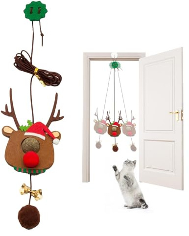 Tür-Katzenspielzeug für Hauskatzen, Katzenspielzeug für Katzen im Innenbereich, Federspielzeug im Weihnachts-Rentier-Design, 2M elastisches Seil, interaktives Spielzeug für Kätzchen, lustige Übungen f